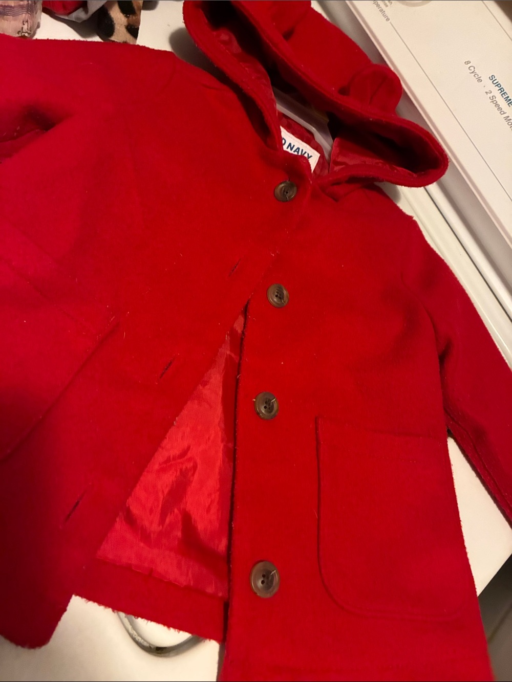 Old Navy Red Pea Coat with Hood - Kids light weight wool jacket with ear hoodie.